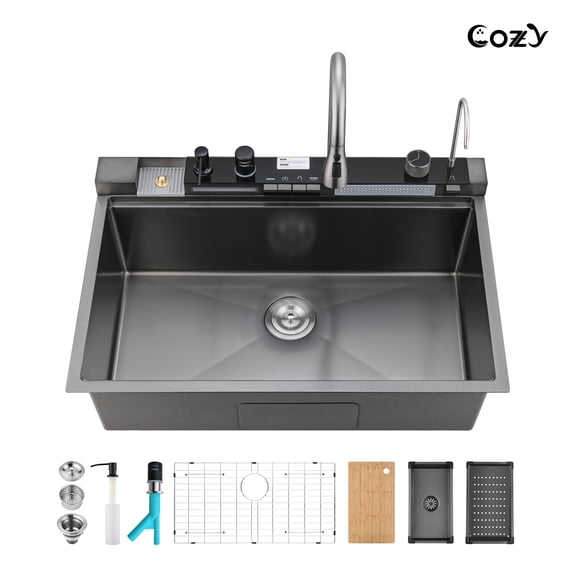 COZY Kitchen Sink Whale Digital Waterfall Sink, Flying rain Waterfall Kitchen Sink with Pull Down Sprayhead Faucet and Pressurized Cup Washer, 33"×22″ Stainless Steel Single Bowl Sink, SS-BL10-332212