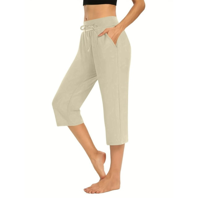 tarylea Capri Pants for Women Drawstring High Rise Pants Wide Leg Solid Color Trousers with Pockets Casual Summer Comfy Pants