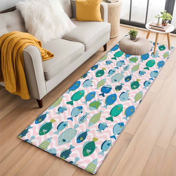 Kitchen Runner 2 x 6 Ft, Pink Fishes Non-Slip Residential Carpet, Cartoon Coastal Ocean Fish Striped Indoor Crawling Mats Runner Rugs for Living Room/Dining Room/Bedroom