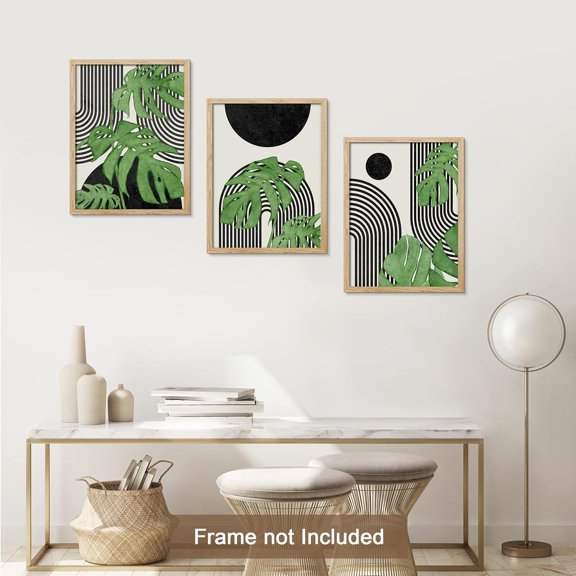 PixonSign Adhesive Canvas Print Wall Art Set - Geometric Monstera Leaf Art - Set of 3 Abstract Shapes Mid-Century Minimalist Wall Décor for Living Room, Bedroom, Office - 12"x16"x3 Panels Unframed