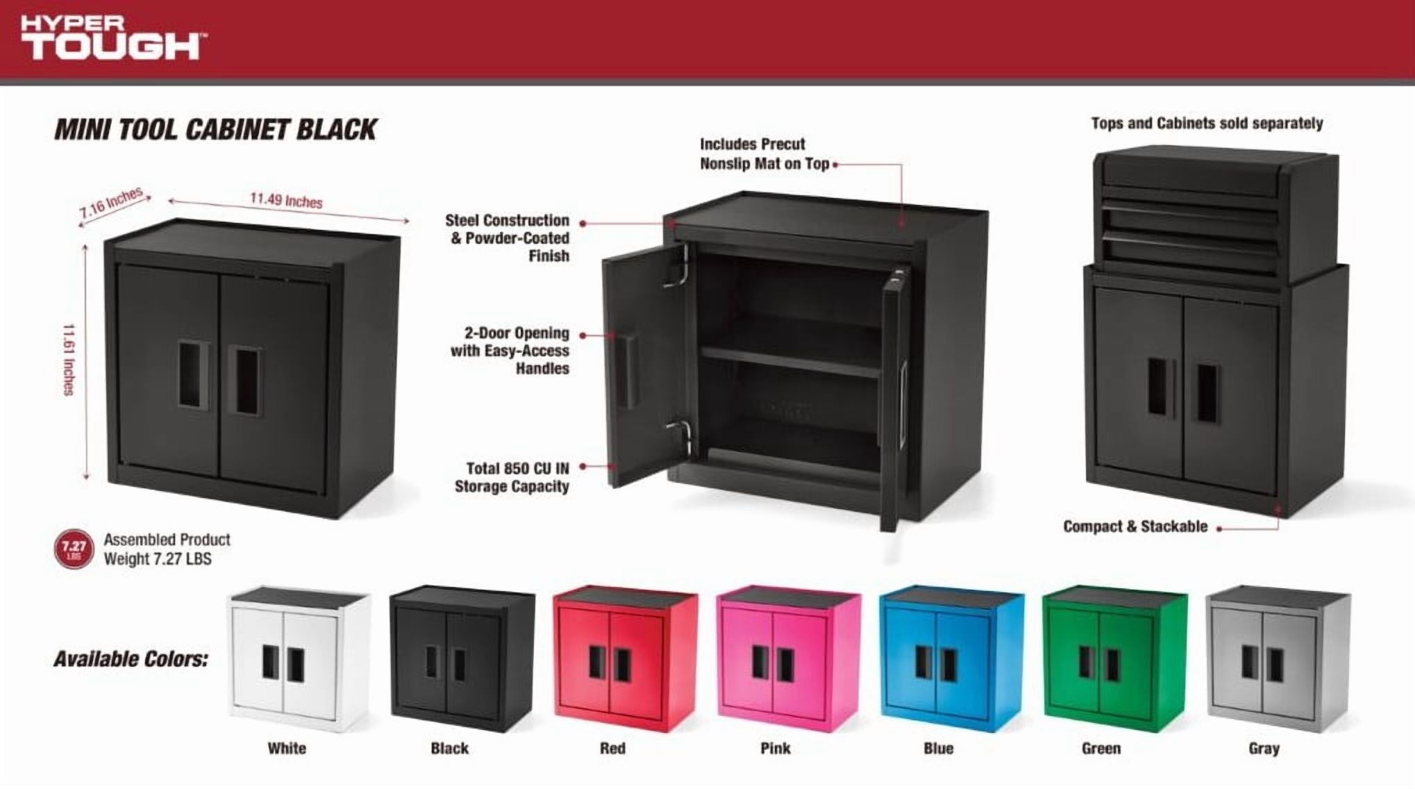 Gabinete mini para herramientas Hyper Tough de 11.6 pulg. de acero, negro, doble puerta y tapete antideslizante 5