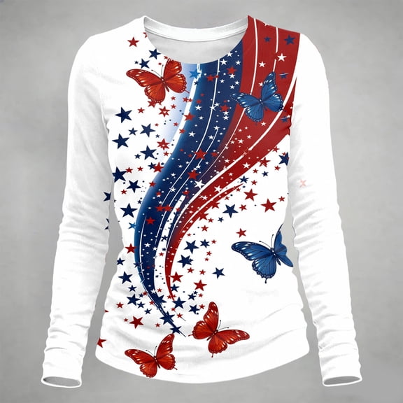 Trendfront Womens Butterfly Print Tops 4th of July Independence Day Casual Fashion T-Shirt Crewneck Long Sleeve Holiday Tee