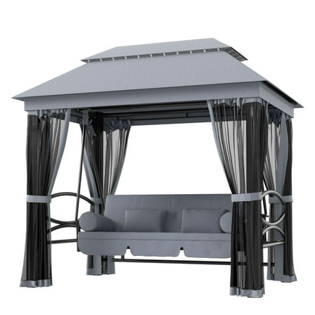 3-Seat Patio Swing Chair with Canopy, Porch Swing Bed, Mesh Sidewalls, Cushions - Gray