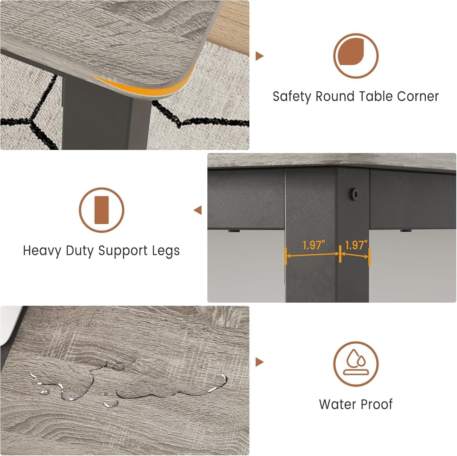 71" Long Dining Table for 6 People, Large Rectangle Wood Kitchen Table with Sturdy Metal Legs, Modern Industrial Dining Room Table with Round Corner, Grey