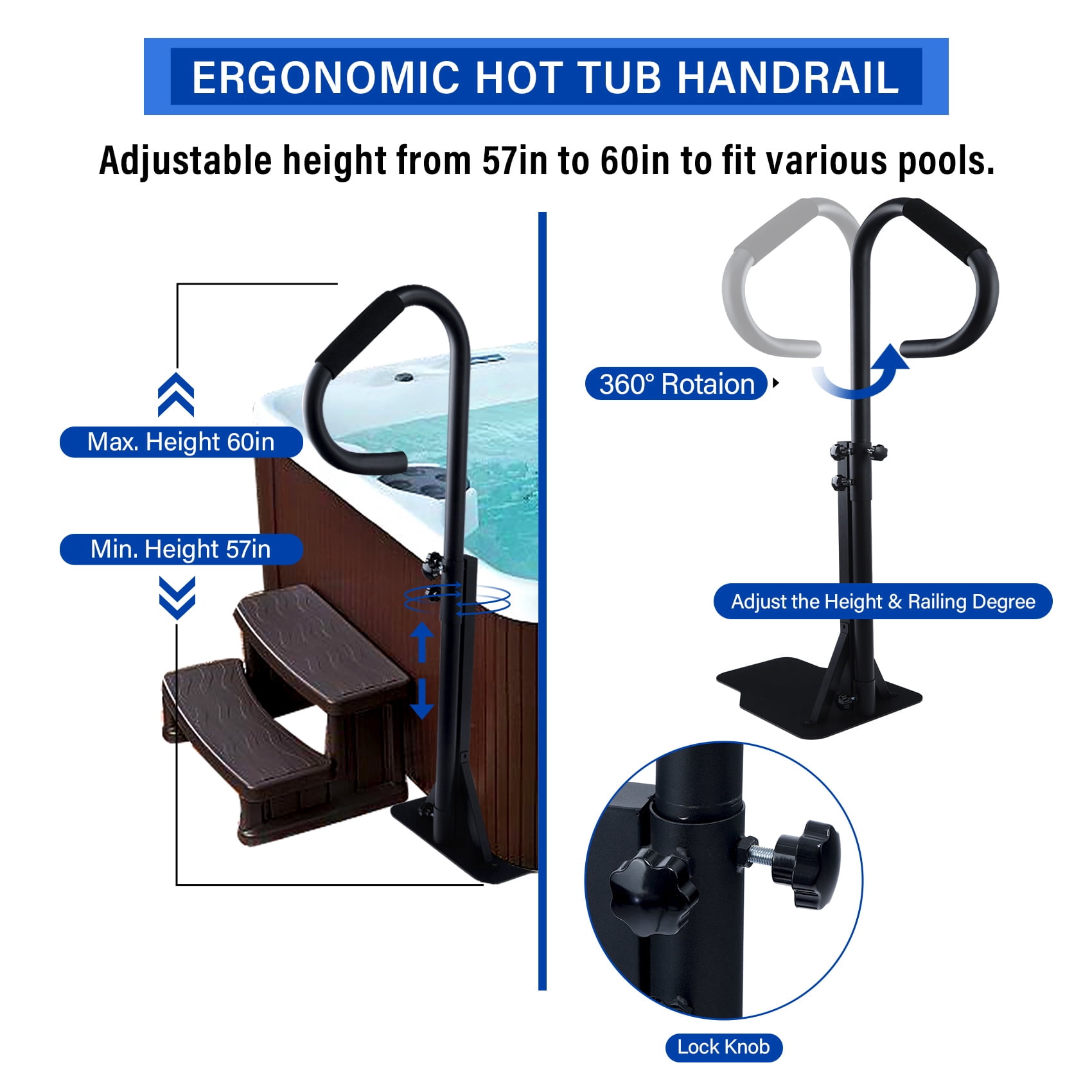 TCFUNDY Adjustable Hot Tub Handrail, 57"- 60" Height, Non-Slip Grip, Outdoor Spa Accessory