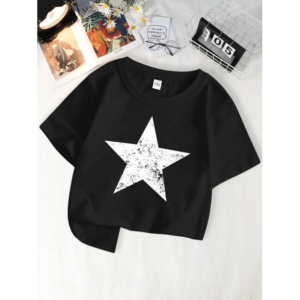Girls' Soft Cotton Blend T-Shirt with Cute Star Print - Casual Round Neck Short Sleeve Top for Summer