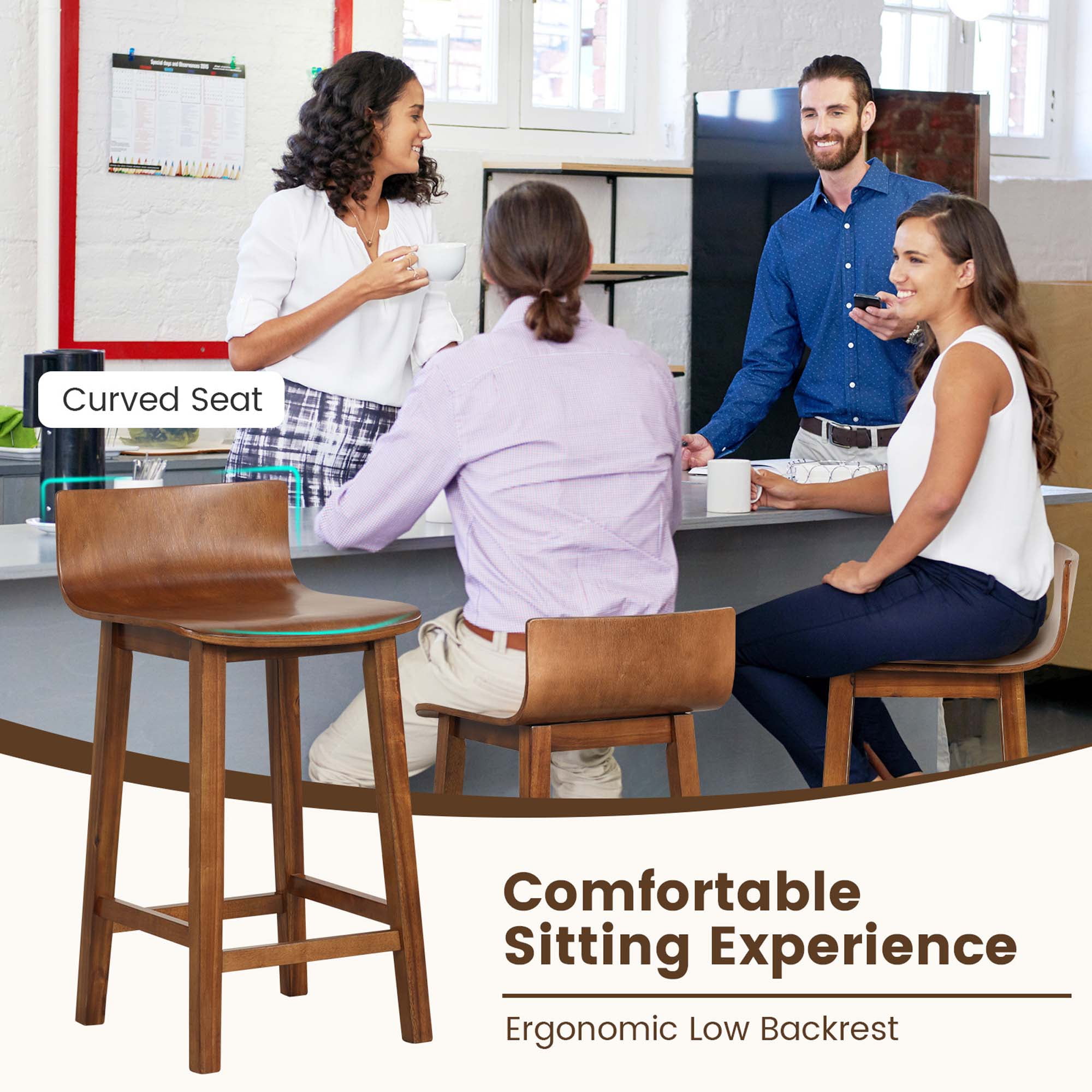 Costway 24.5" Wood Bar Stools Set of 2 with Solid Back & Seat Mid Century Bar Chairs Brown