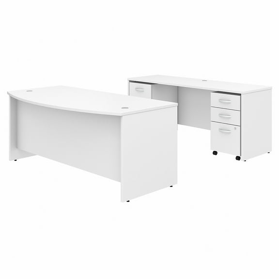Studio C 72W Bow Front Desk and Credenza with Drawers in White - Engineered Wood