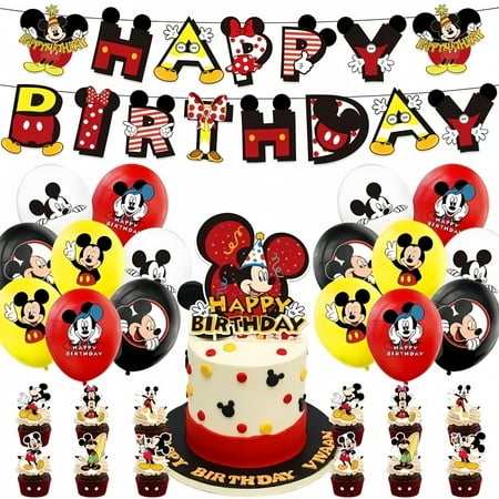Cute Mickey Birthday Party Supplies, for Boys and Girls Mickey Birthday Party Supplies Birthday Banner Backdrop Balloons Cake Topper Party Supplies Birthday Party