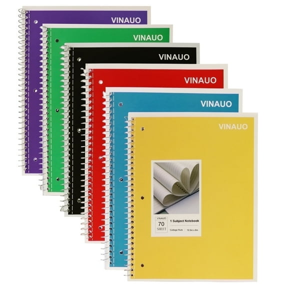 VINAUO Spiral Notebook, 1 Subject Notebook College Ruled, 70 Sheets, 8" x 10-1/2", 3 Hole Punched,Spiral Lined Notebooks,6 Pack