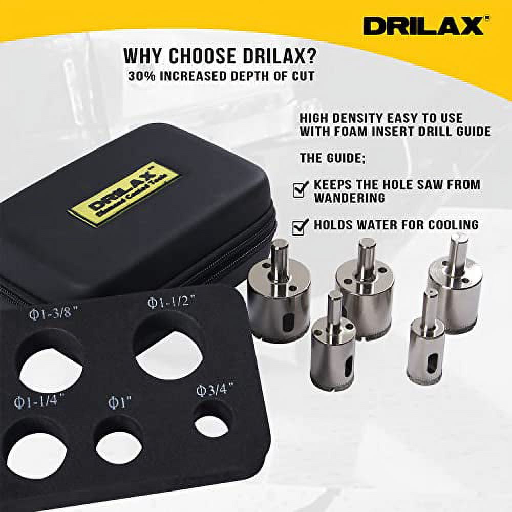 Drilax Diamond Drill Bit Hole Saw Extra Tall Long Drilling Quartz Granite Countertop Ceramic Porcelain Tile Glass 3/4, 1, 1 1/4, 1 3/8, 1 1/2 Inch 5 Pieces Set
