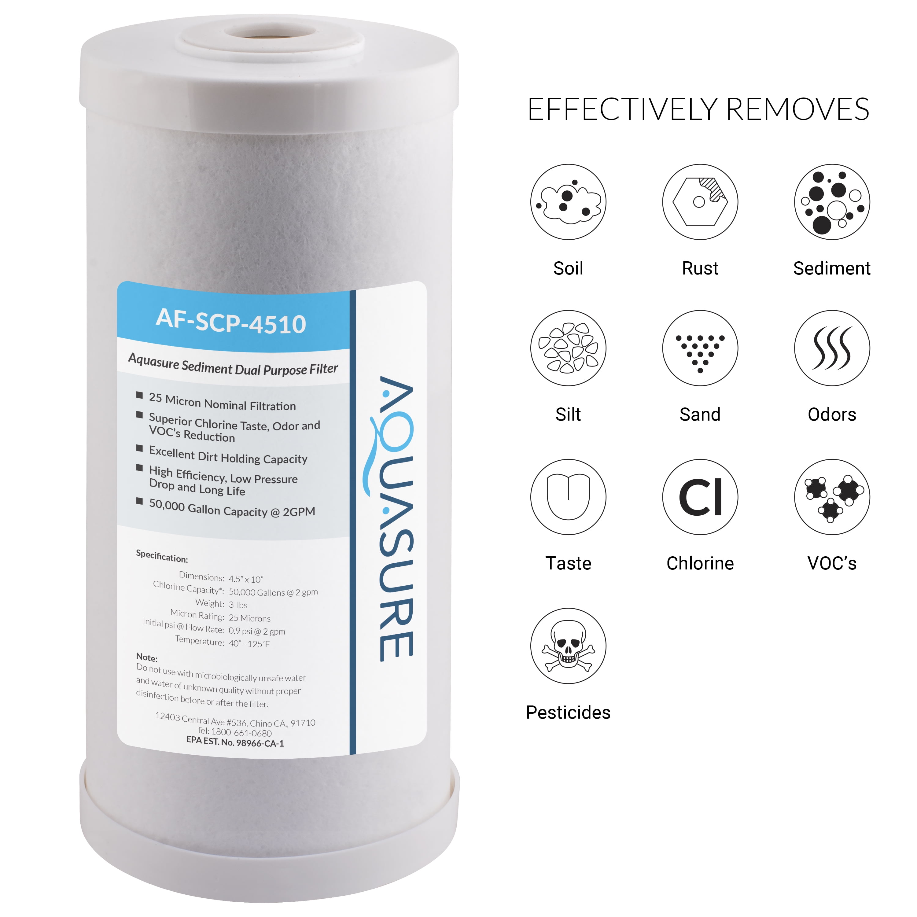 Aquasure Fortitude V Series 25 Micron Dual-Purpose Sediment and GAC Carbon Mesh Replacement Water Filter, Universal 10" x 4.5" Fit (AF-SCP-4510)