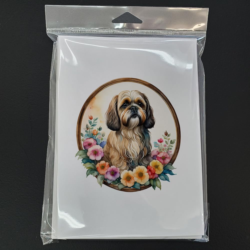 Lhasa Apso and Flowers Greeting Cards and Envelopes Pack of 8 7 in x 5 in