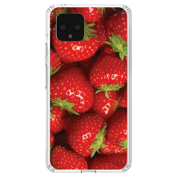 DistinctInk Clear Shockproof Hybrid Case for Google Pixel 4 XL (6.3" Screen) - TPU Bumper, Acrylic Back, Tempered Glass Screen Protector - Bright Red Strawberries