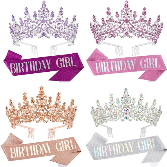 Vorkoi Birthday Girl Sash & Rhinestone Tiara Set Birthday Sash and Tiara for Women Birthday Decoration Kit Rhinestone Headband for Girl Glitter Crystal Hair Accessories for Party