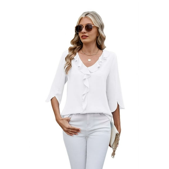 Womens Dressy Casual Blouses 3/4 Sleeve V Neck Ruffle Tops White XXL