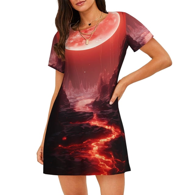 Fotbe Red Moon Lava Bata de Dormir para Mujer con Estampado, Camisón de Algodón de Manga Corta, Ropa de Dormir Casual