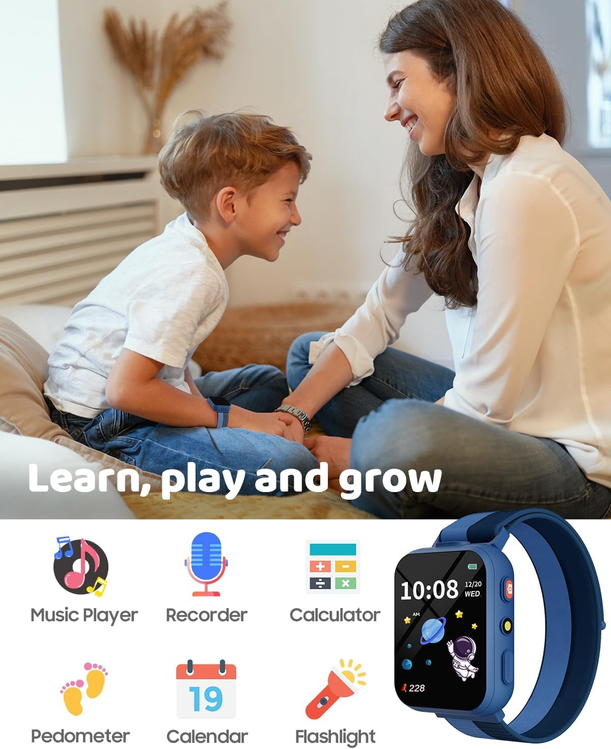 BIGGERFIVE Smart Watch for Kids with Dual Cameras, Two Straps, 30 Puzzle Games, Video & Music Player, Audiobooks, Flashlight, Pedometer, Educational Toys Birthday Gifts for Girls Ages 4-10 Blue