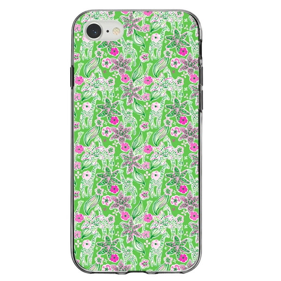 DistinctInk Clear Shockproof Hybrid Case for iPhone 7 8 SE (2020 Model) 4.7" Screen TPU Bumper Acrylic Back Tempered Glass Screen Protector - Preppy Pattern - Pink & Green Flowers Floral