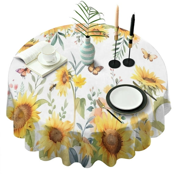 White Butterfly Bee Sunflower Pattern Round Tablecloth 60"x60",Wrinkle Wipeable Table Cloth for Kitchen Dining Room Picnic Patio Party