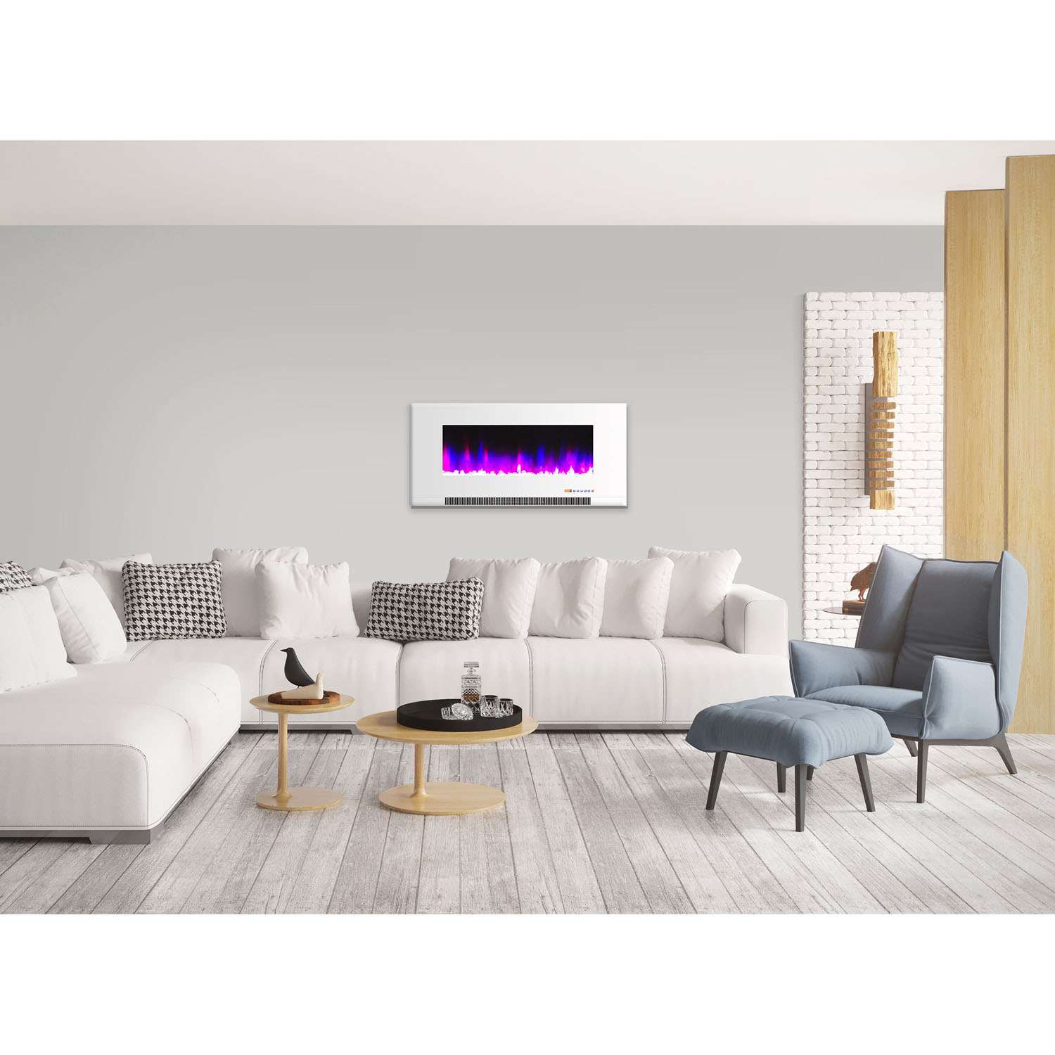 Hanover 42 In. Wall-Mount Electric Fireplace in White with Multi-Color Flames and Crystal Rock Display
