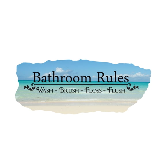 BATHROOM - Adhesive Vinyl Bathroom Decoration Sea Ocean Background Design Bathroom Rules Wash Brush Floss Flush Lettering Art Home Wall Decal Sticker 10" x 4"