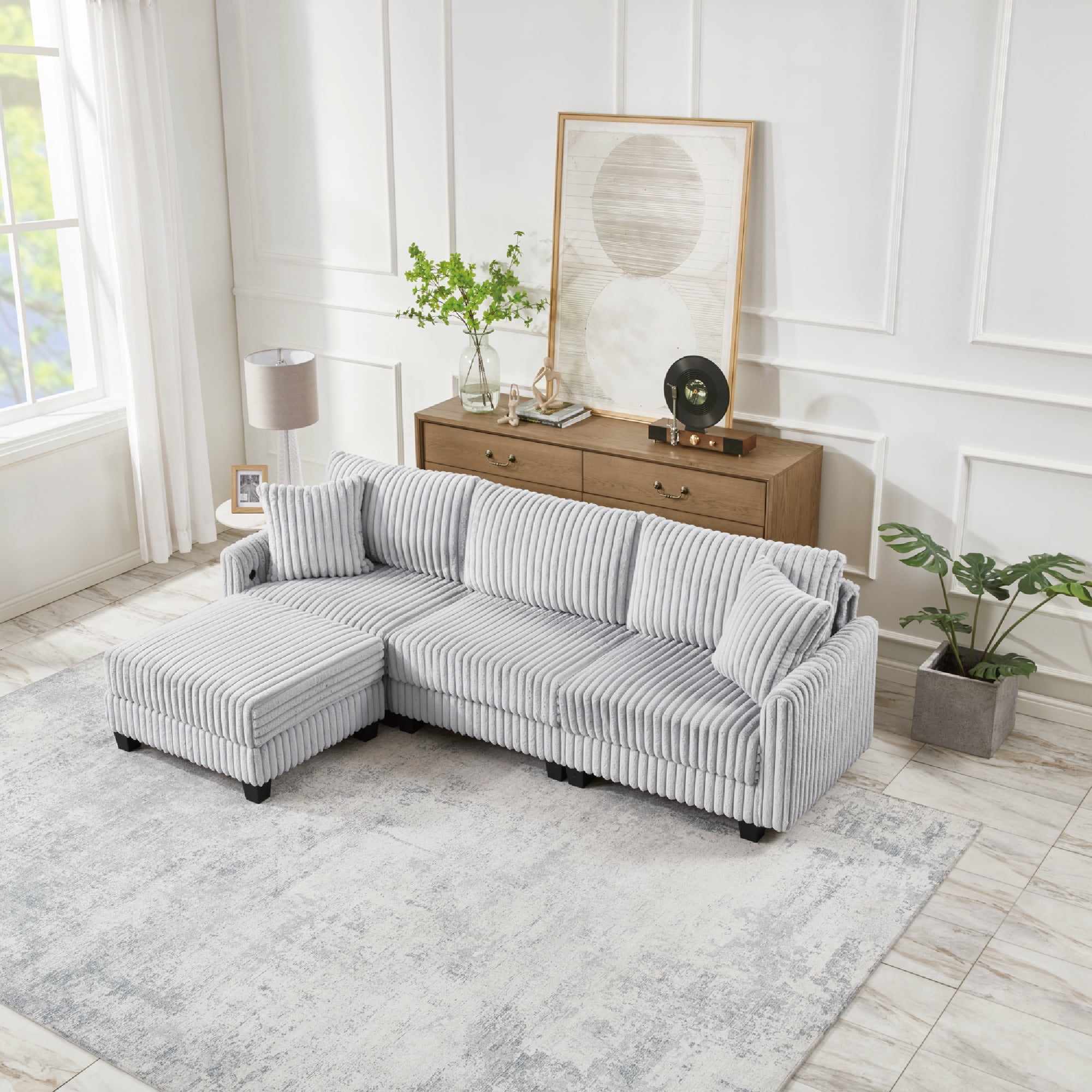 Modular L-Shaped Sectional Sofa with Built-in Dual USB and Type-C Charging Ports, 100-Inch Corduroy Convertible 3-Seater Couch, Grey