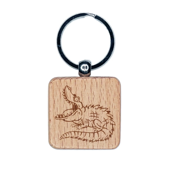 Hungry Crocodile Alligator Square Keychain Charm Tag - Engraved Wood