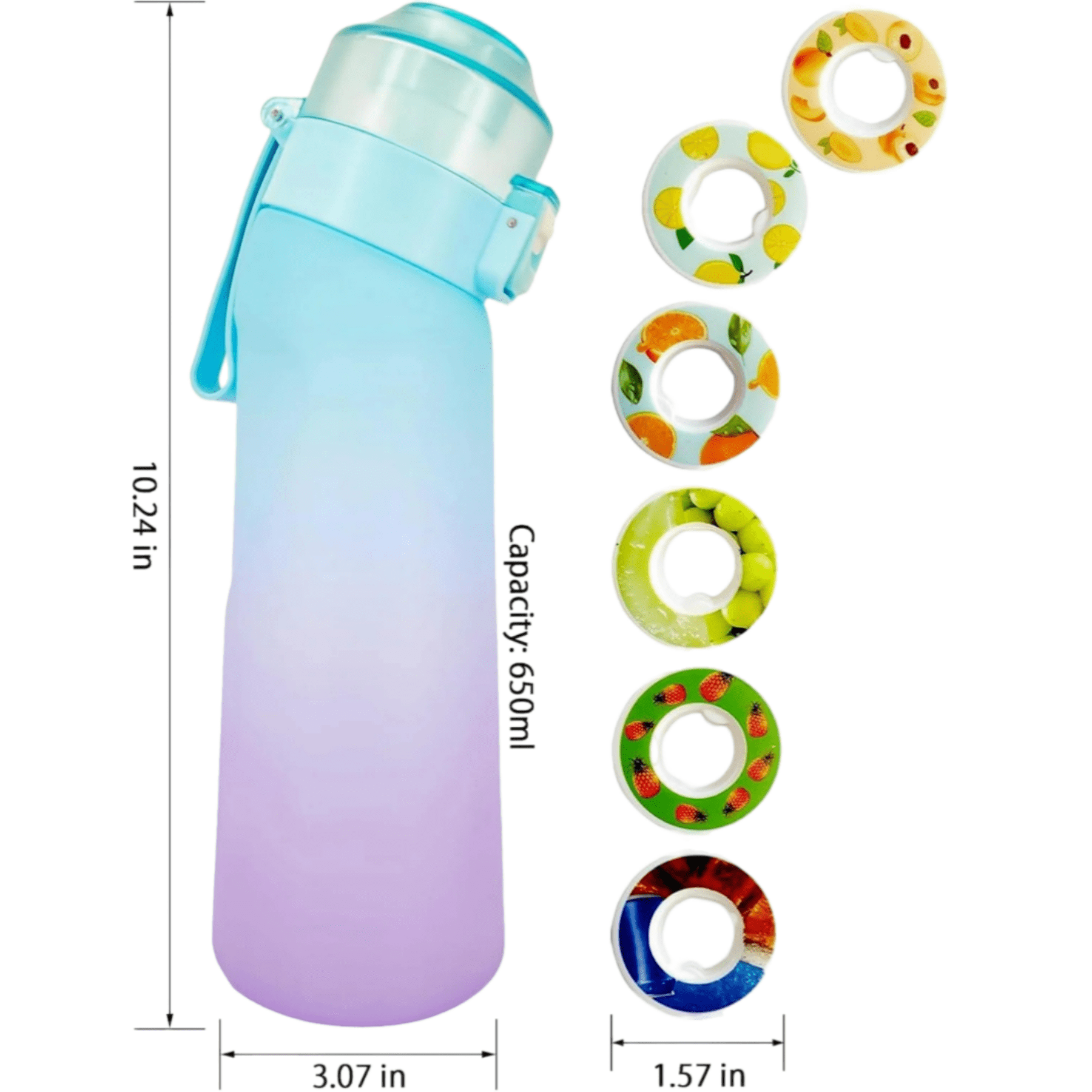 Scented Water Bottle Set with Lid, 22oz Plastic Scent Water Bottle with 7 Fruit Flavor Pods, BPA Free for School Gym (Blue Purple)