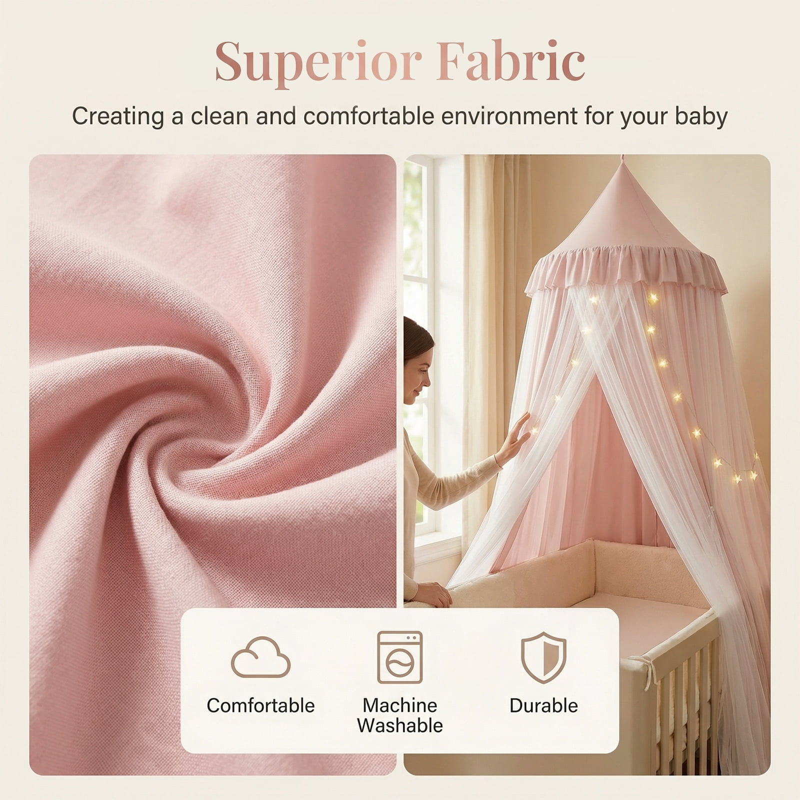 Bed Canopy with Star Night Light, Double Layer Dustproof & Breathable, Kids Reading Nook Bed Tent, Machine Washable, Available in , Pink