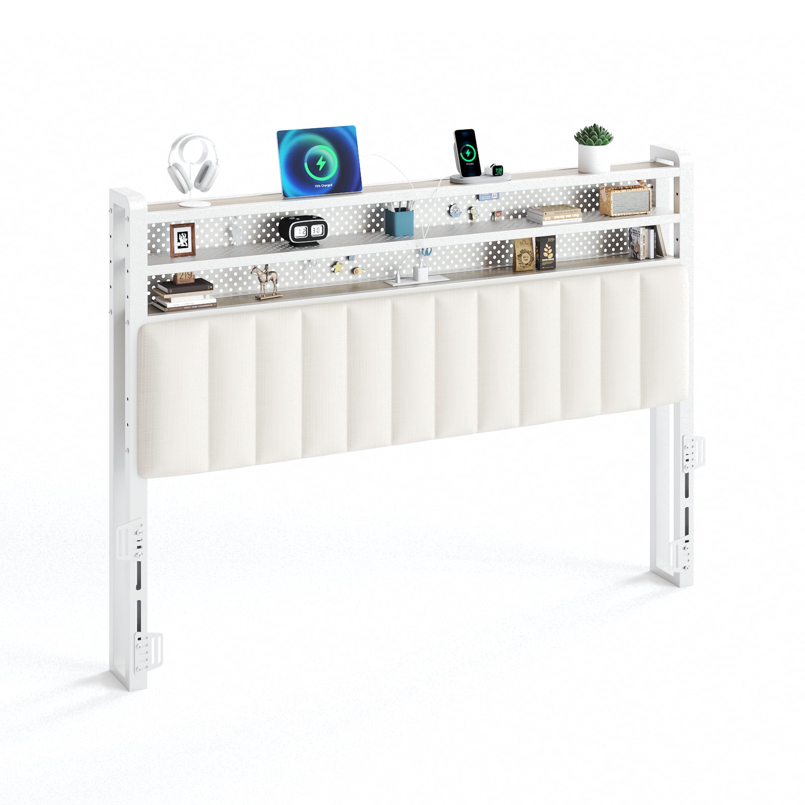 Zimtown Headboard for Full Size Bed with Storage, Linen Upholstered Head Board with LED Light and Charging Station, White