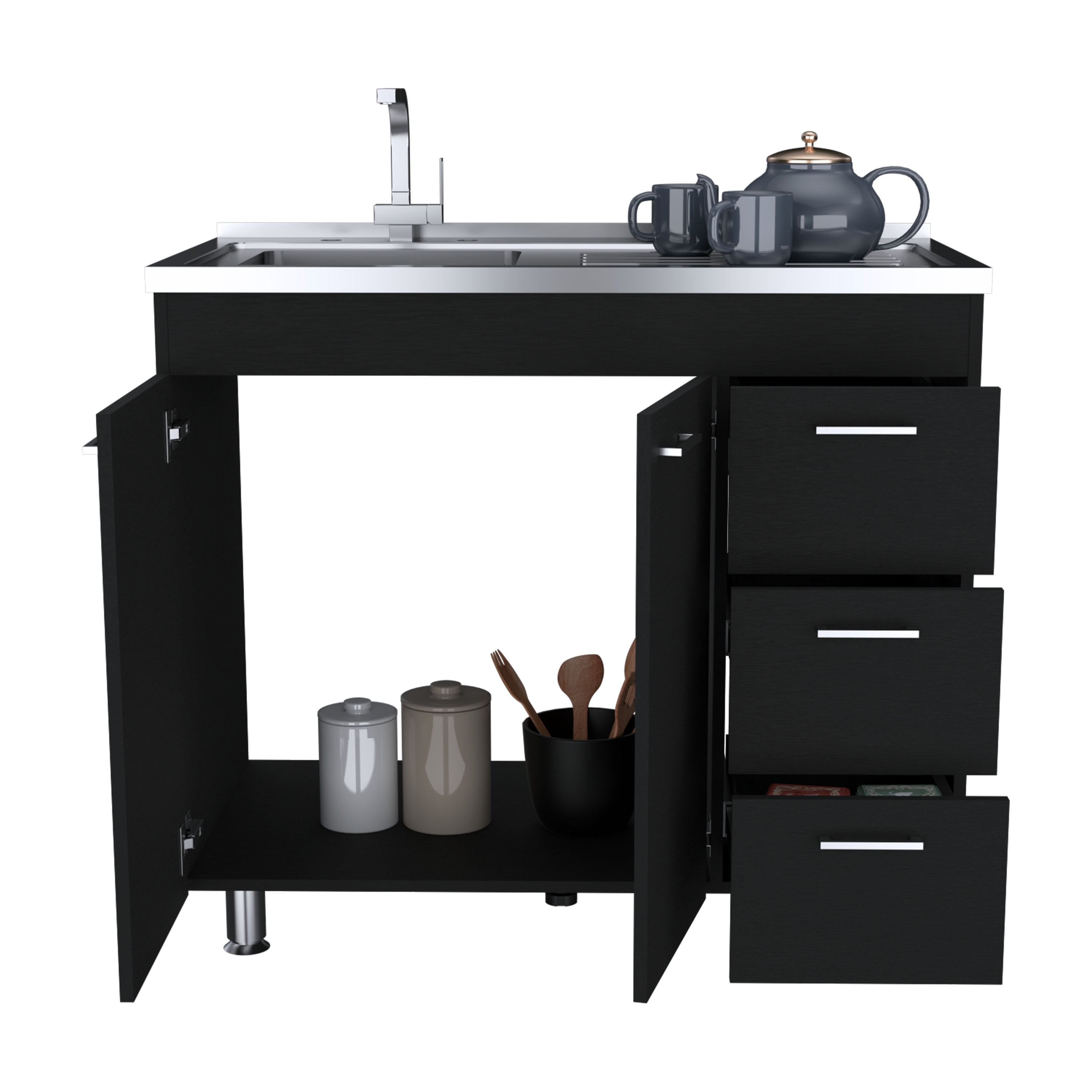 Izzovium Ferretti Utility Sink with Three Drawers and Double Door Cabinet, 39.4in L x 20.4in W x 30.8in H, Black, Particle Board Construction for Laundry or Kitchen