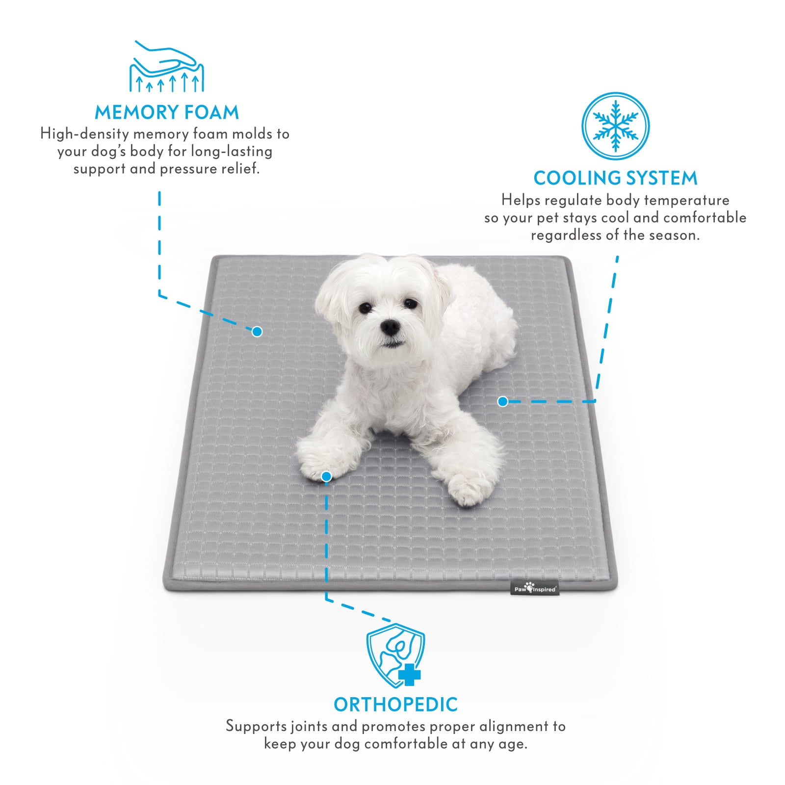 Paw Inspired Cooling Orthopedic Crate Pad for Dogs, Washable Memory Foam Dog Cooling Mat (29x18 Inch Small Size for 30 Inch Kennel, Gray)
