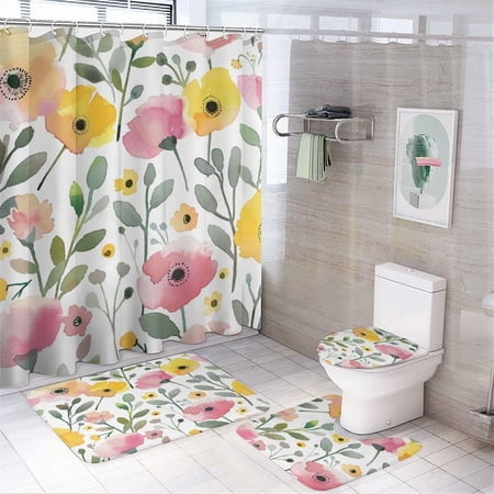 4 Piece Bathroom Shower Curtain Sets with Non-Slip Rugs Toilet Lid Cover And Bath Mat Bathroom Decor Set Watercolor Floral Waterproof Personality Pattern Bath Curtain Spring Watercolor Floral