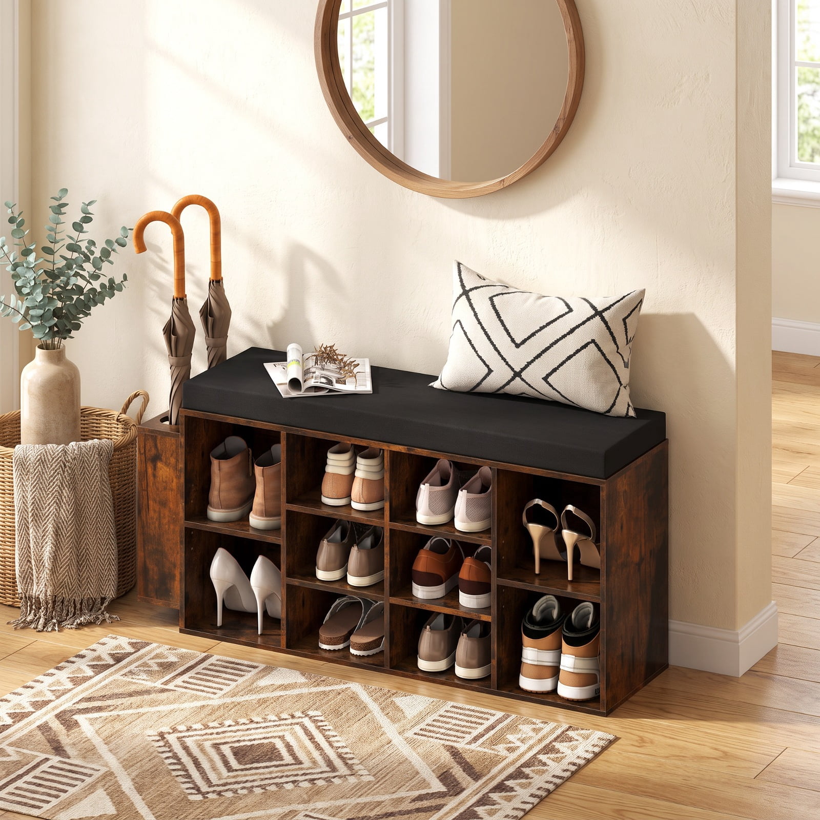 Furnibear Shoe Storage Bench with Umbrella Stand and 10 Cubby Entryway Shoe Rack Organizer with Padded Seat for Hallway Closet, Rustic Brown