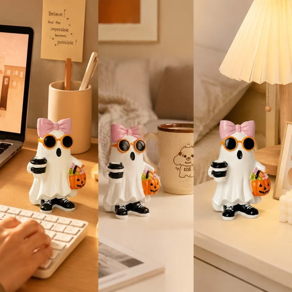 Blateno Cute Ghost Figurine with Sunglasses and Pumpkin Bucket – Halloween Resin Desk Decor, Spooky Ornament for Home Shelf, Office, or Party Gift