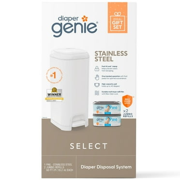 Diaper Genie Select Gift Set,White,Stainless Steel,1 Diaper Pail,2 Jumbo Square Refills-1620 Count, Infant