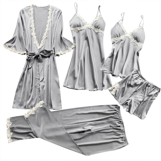 MAOWAPLG Ensembles de Pyjama pour Femmes 2 Pcs Mode Dames Confortable Couleur Unie Bretelles en Dentelle Pyjamas Robe Chemise de Nuit Vêtements de Maison