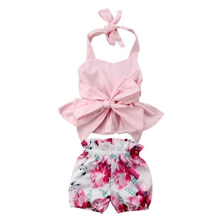 

IZhansean Newborn Toddler Infant Baby Girl Clothes Bowknot Tops+Foral Shorts Outfits Sets Pink 0-6 Months