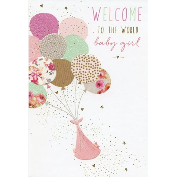 Pictura Pink Welcome Balloons Sara Miller New Baby Girl Congratulations Card