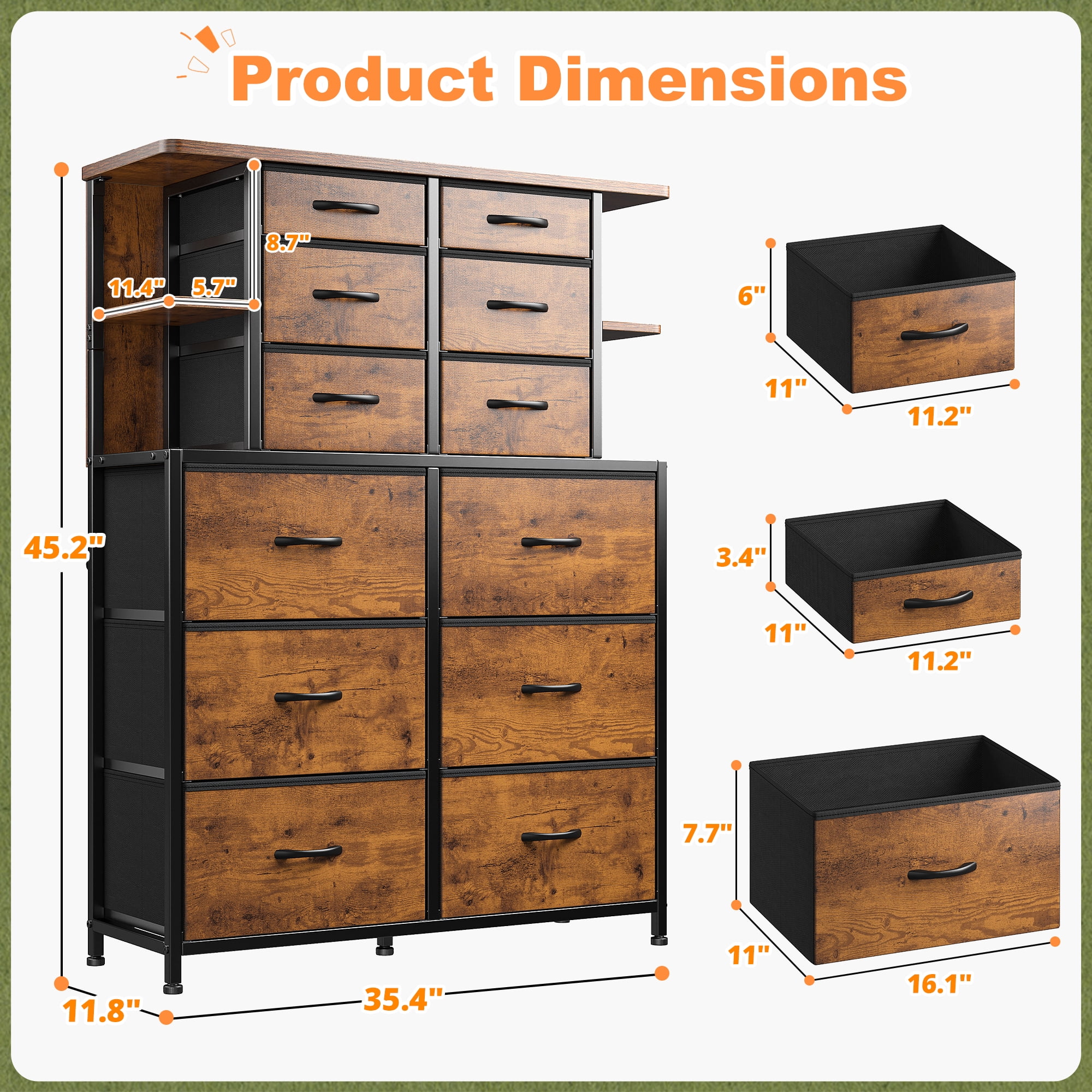 Romorgniz Tall Dressers for Bedroom with 12 Fabric Drawers and Open Shelves Dressers & Chests of Drawers with LED Lights, Metal Frame, Rustic Brown