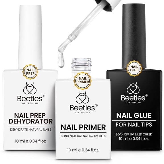 Beetles Gel Nail Glue Kit Nail Dehydrator and Primer 3Pcs 10ml | Acid & HEMA Free Professional Prep for Press On Nails, Nail Tips and Extensions Gifts for Women