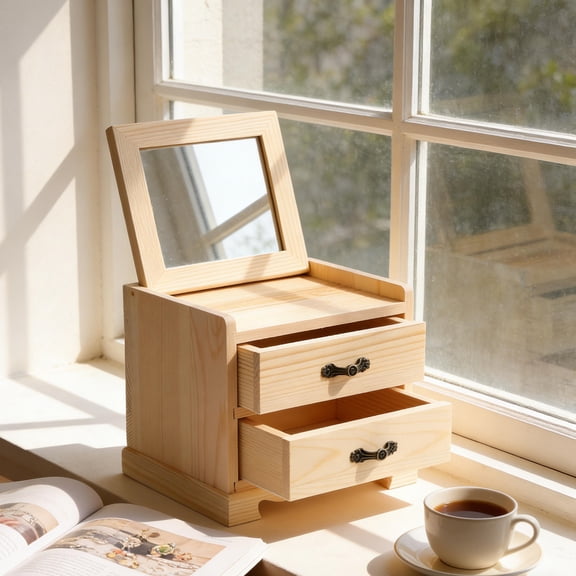 ETHZZLE Beige Wooden Jewelry Box with Mirror and Two Drawers for Elegant Home Organization
