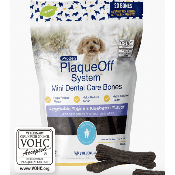 ProDen PlaqueOff Mini Dental Care Bones Dental Chews for X-Small & Small Dogs, 20 Bones, Vegetable Fusion & Blueberry Flavor, 12 oz Bag