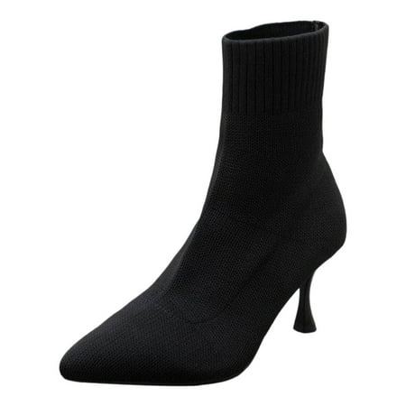 YHGFVOKJ Boots for Women Solid Color Simple Casual Knitted Breathable Socks High Heels Fine Heeled Mid Pointed Toe Large Size Boots Ankle Boots Short Boots Shoes Womens Boots Black 41