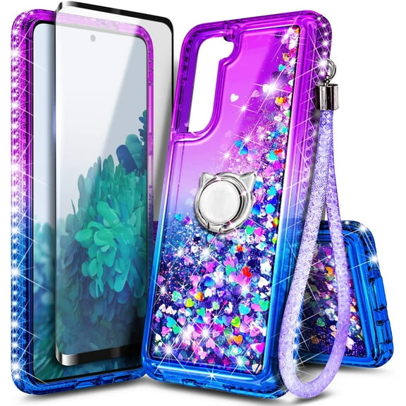 Compatible with Samsung Galaxy S23 FE Phone Case (Not Fit S23) with Tempered Glass Screen Protector, Ring Holder/Wrist Strap, Nagebee Liquid Floating Glitter Cute Cover (Purple/Blue)