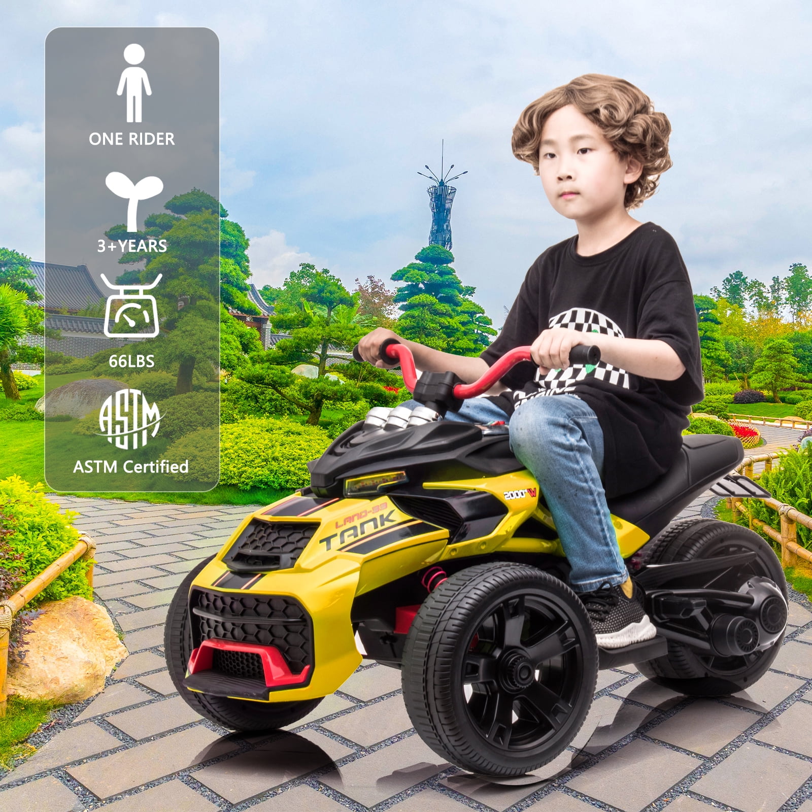 LUIBAS 24V Kids ATV Ride On Motorcycle Electric 3 Wheeler Ride-On Electric ATV Kids Ride On Toys for Kids with Battery Powered Motor, EVA Wheels, w/LED Lights, Bluetooth, MP3 for 3+ Years, Yellow