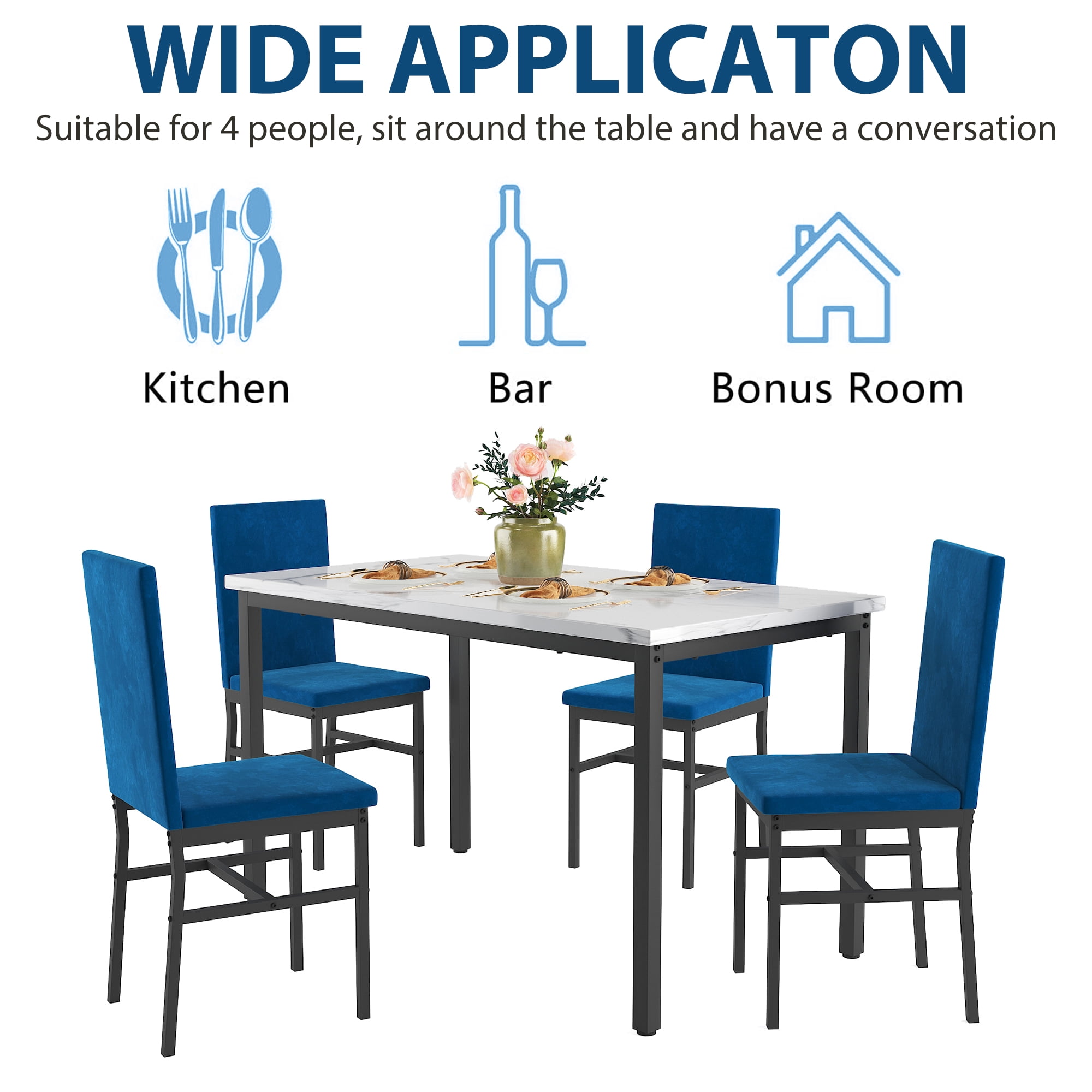 UHOMEPRO 5 Pieces Dining Table Set, Marble Top Dining Table and Chairs Set for 4, Blue Sturdy Iron Frame Dining Room Table Set with 4 Velvet Upholstered Chairs for Small Dining Room
