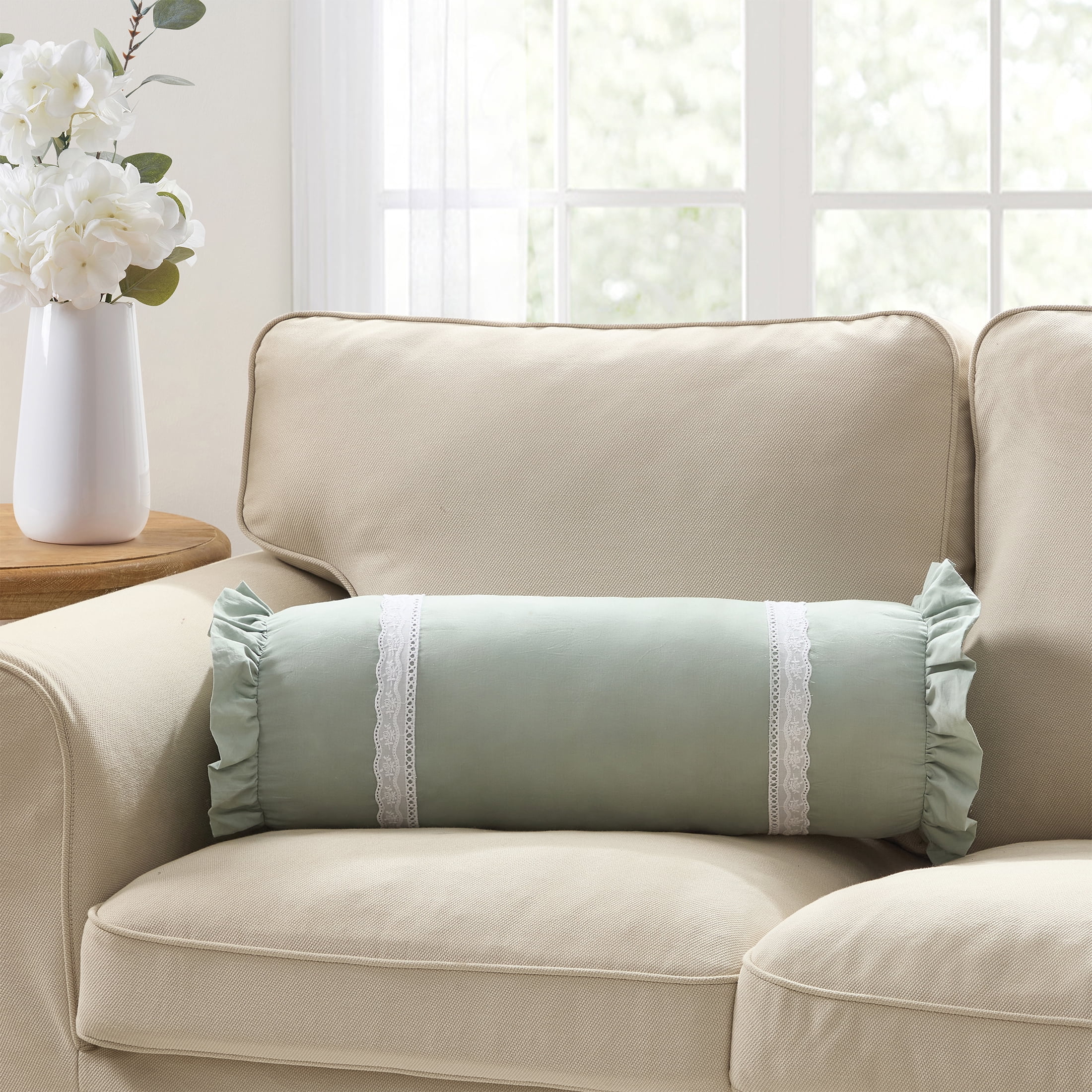 My Texas House 8 in x 22 in Green Ruffle Eyelet Trim Bolster Decorative Pillow