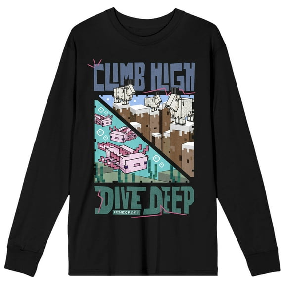 Minecraft Climb High Dive Deep Crew Neck Long Sleeve Women's Black Tee-Large
